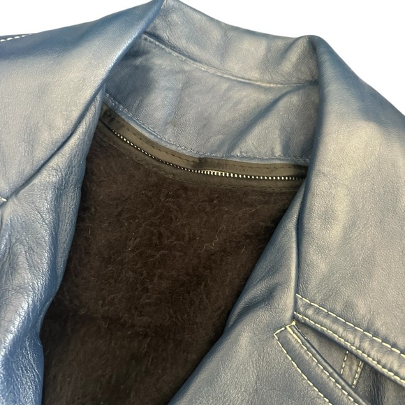 Vintage Leda Spain by Gropper Blue Belted 100% Leather Trench Coat Jacket, Small - Picture 9 of 14